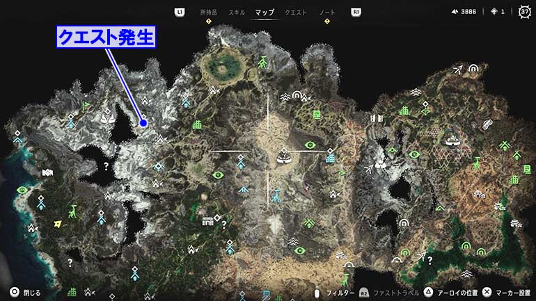 狩場『絶壁の山脈』の発生場所のマップ