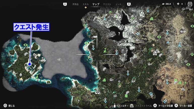 遺物が眠る遺跡『天空塔の島』の発生場所のマップ