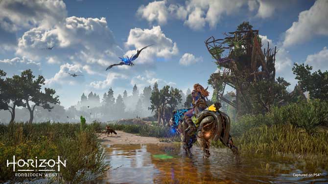 PS4版のHorizon Forbidden Westのキャプチャー、アーロイが機械獣で移動するシーン