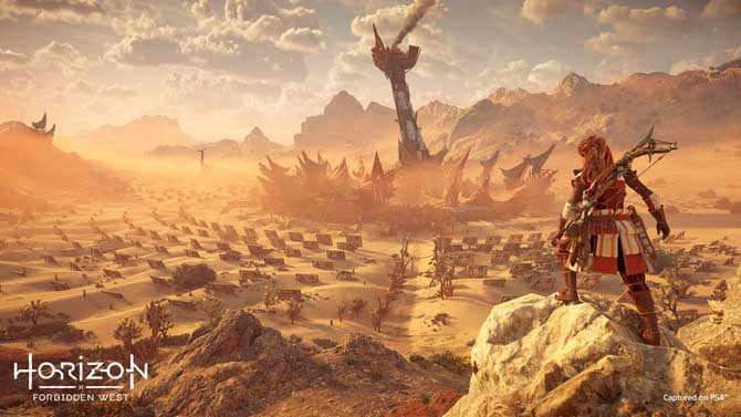 PS4版のHorizon Forbidden Westのキャプチャー、砂漠と拠点の風景。