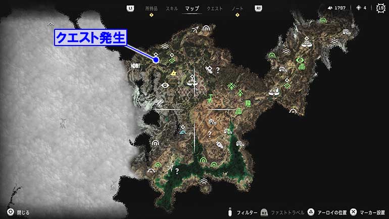 遺物が眠る遺跡『眠らぬ森』の発生場所のマップ