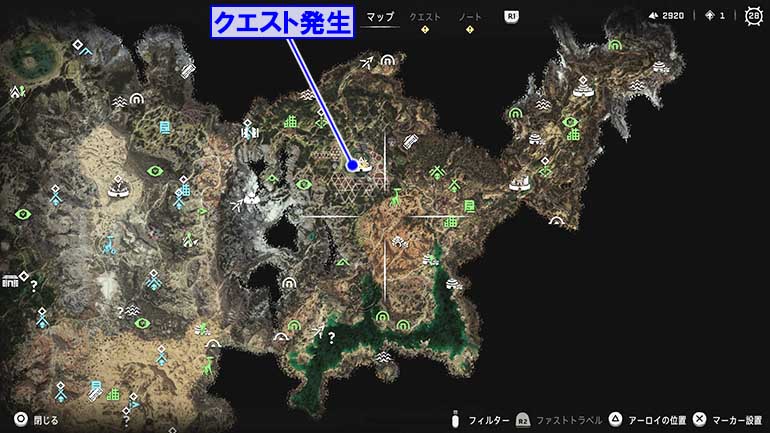 サブクエスト『古の森』の発生場所のマップ