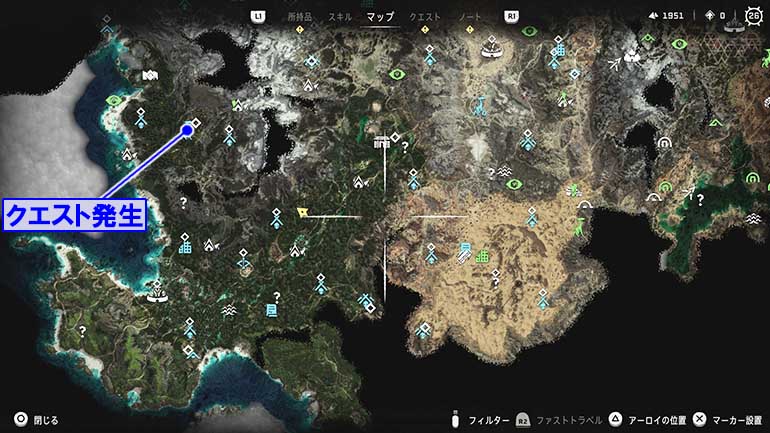 トールネック『歩哨の森』の発生場所のマップ