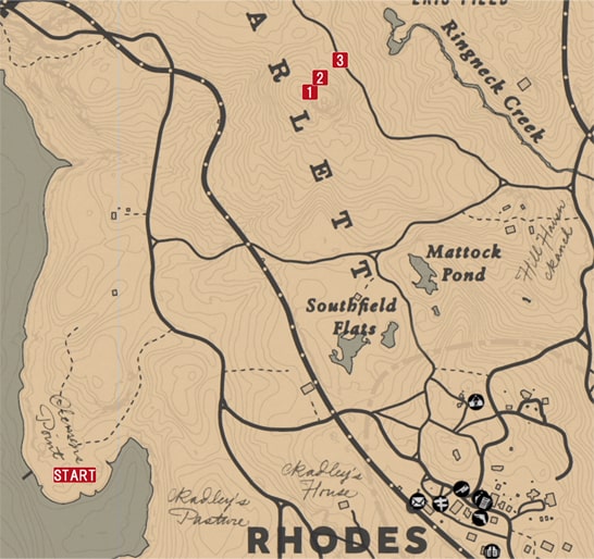 レッドデッドリデンプション2の馬車強盗-ショーンのミッションの攻略マップ