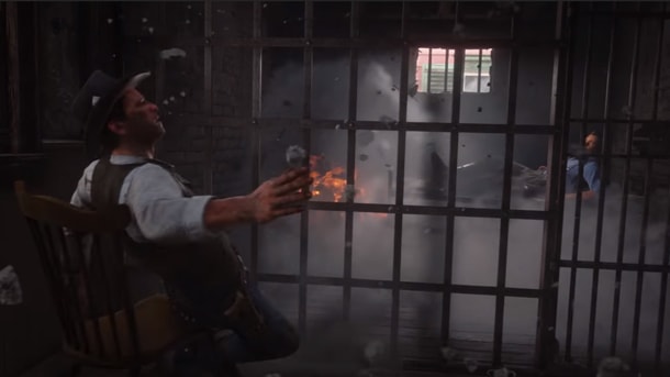 Red Dead Redemption2：牢屋の壁をダッチが爆破する画像
