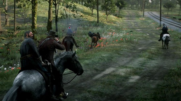 チャールズと逃げる際の馬での銃撃戦の画像