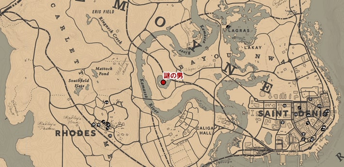 レッドデッドリデンプション2で謎の男がいる小屋の場所のマップ