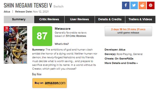Metacriticの真 女神転生5のスコア