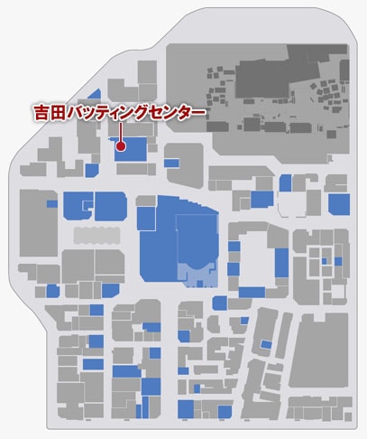 バッティングをプレイできる吉田バッティングセンターの場所のマップ